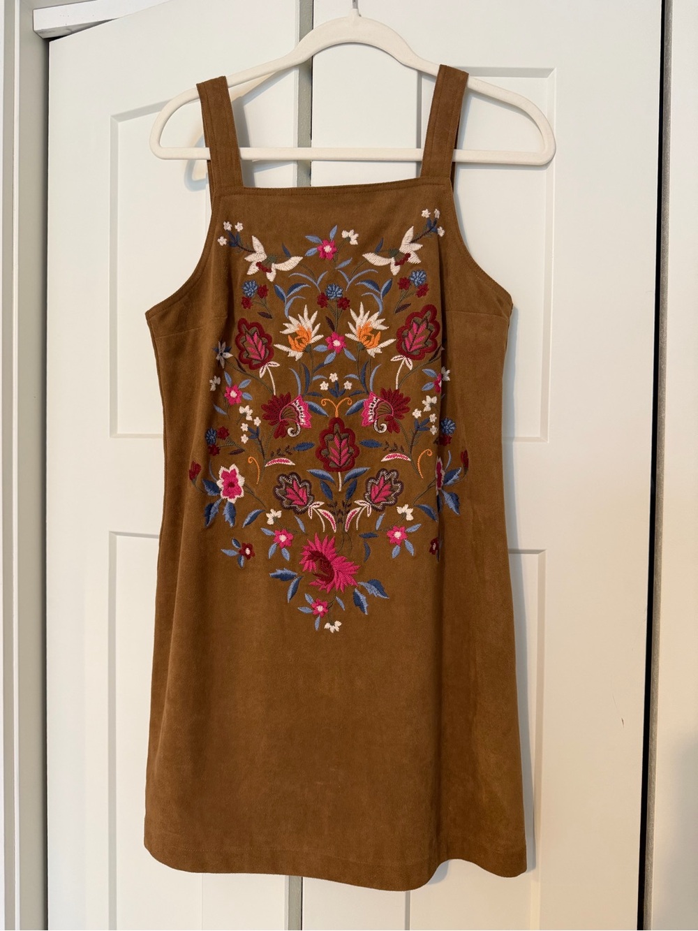 Abercrombie & Fitch Brown Suede-Feel Mini Dress with Floral Embroidery